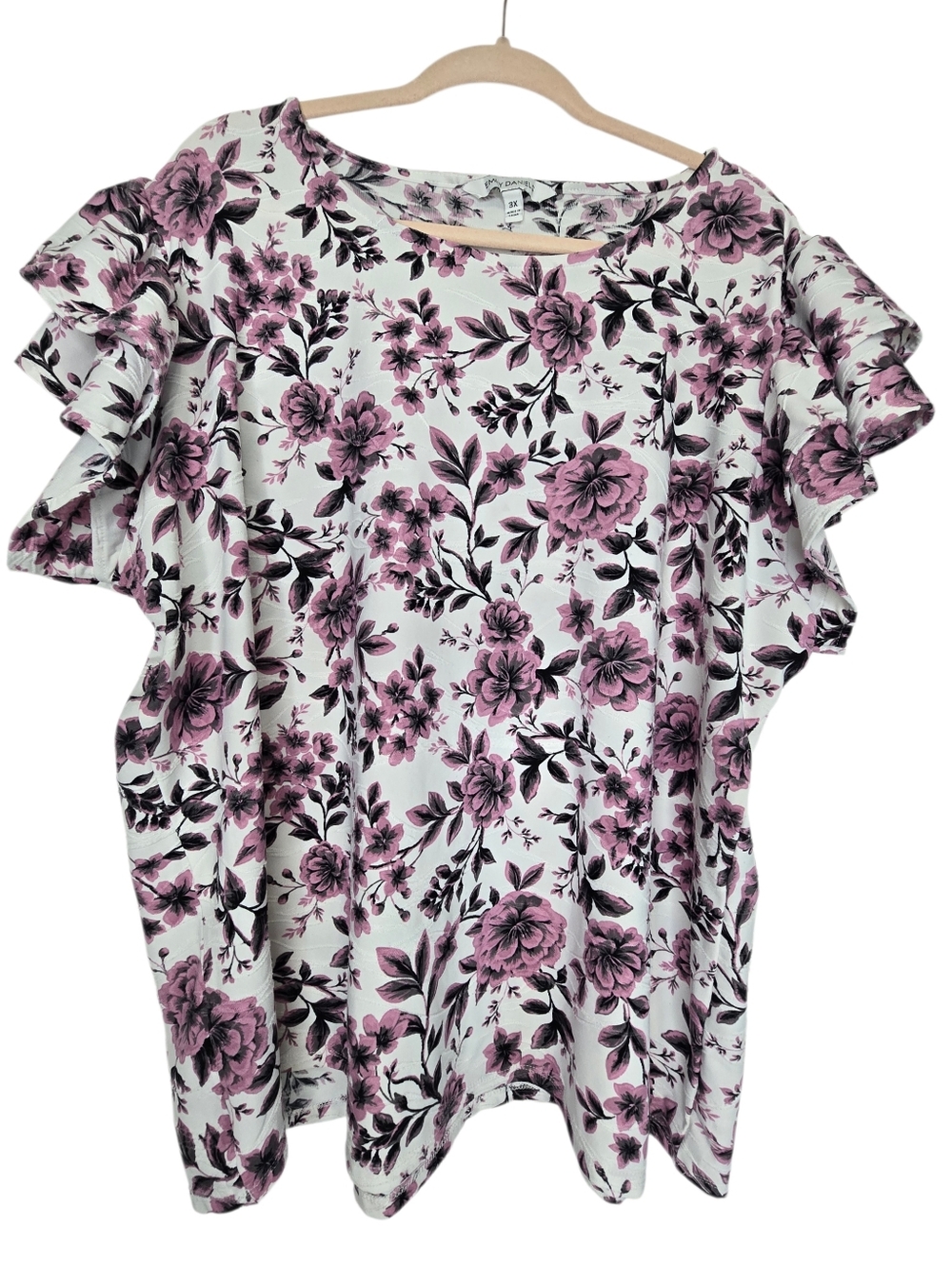 Emily Daniels purple and black floral pattern blousw with ruffle sleeves